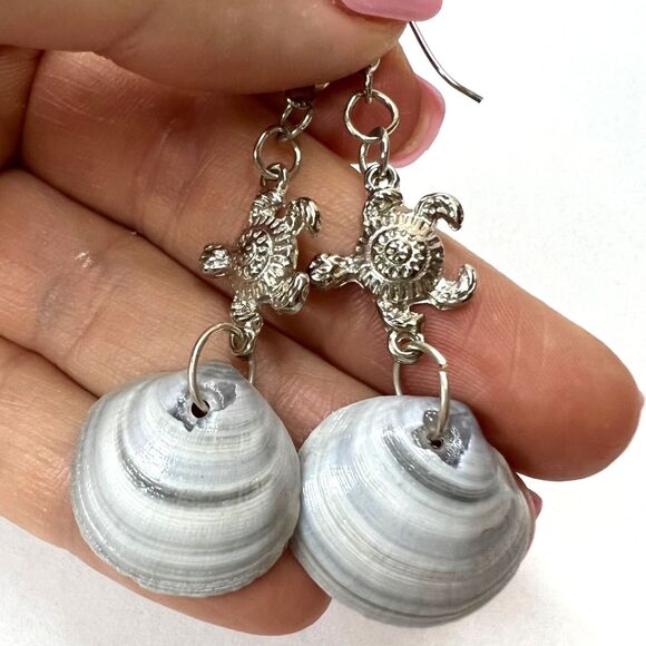 Dangle Earrings Genuine Handcrafted Seashell Turtle Blue Gray Coastal Beach - Picture 3 of 15